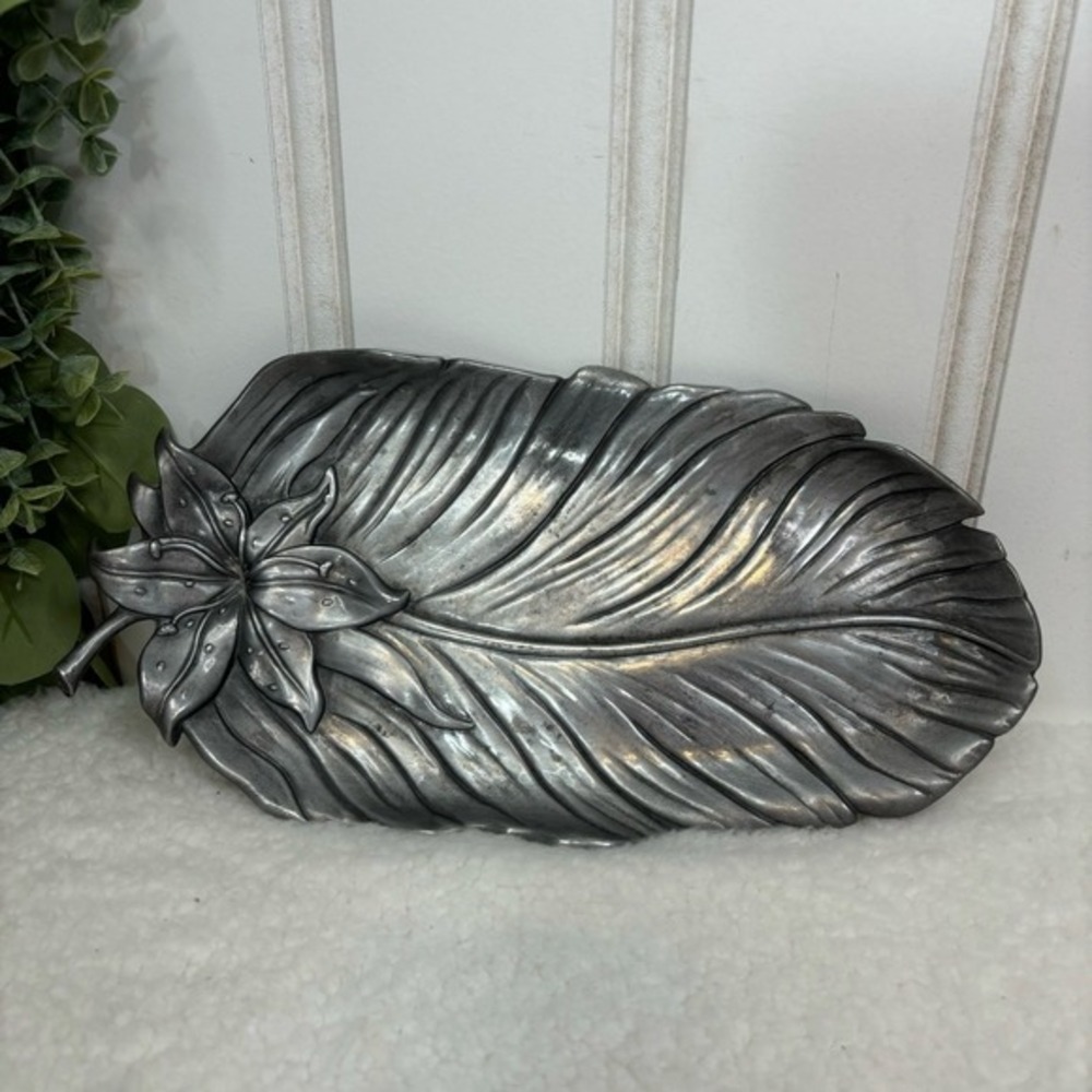 Fitz and Floyd Pewter Leaf Tray Lily Design Decorative Serving‎ Platter Vintage
